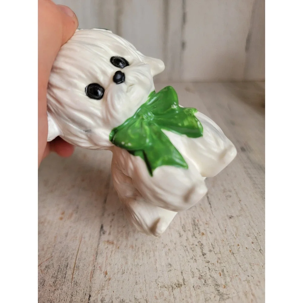 Lefton vintage white Maltese dog puppy Xmas mistletoe Santa hat figure